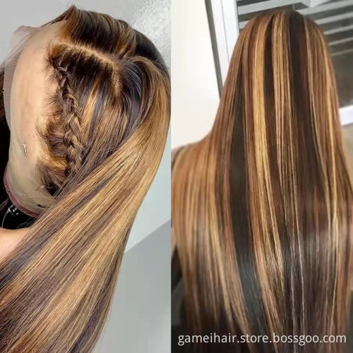 Highlight Straight Lace Front Wig P4/27 Honey Blonde Brown Pre Plucked Brazilian Remy Lace Frontal Human Hair Wigs For Women